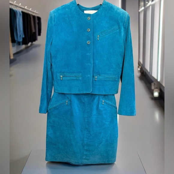 Margaret Godfrey  Union Made Turquoise Suede Skirt Suit  Vtg S 10 - Picture 1 of 14
